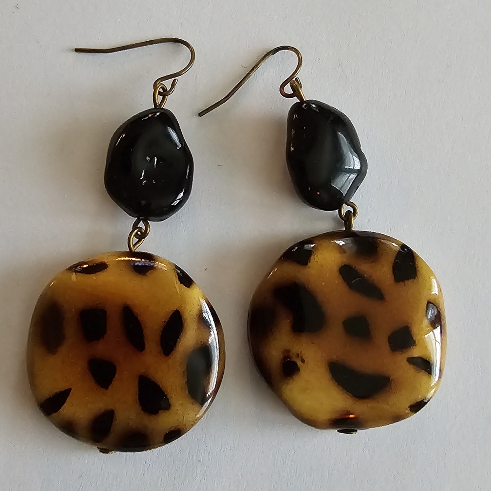 Leopard spots earrings black brown safari cheetah cat tan gold tone